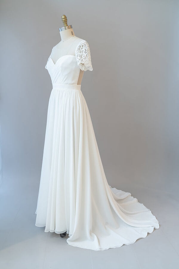 Langes, rückenfreies Brautkleid aus Chiffon in A-Linie mit Ärmeln