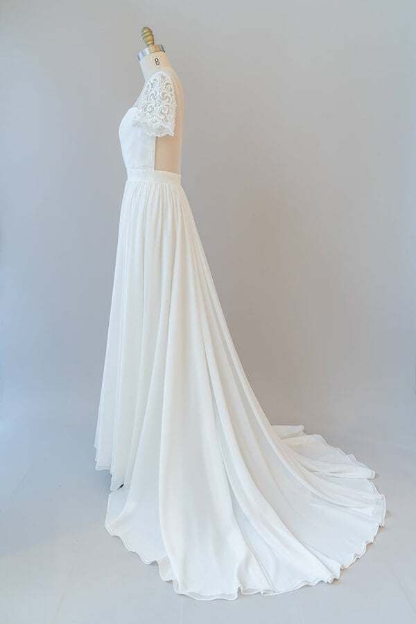 Langes, rückenfreies Brautkleid aus Chiffon in A-Linie mit Ärmeln
