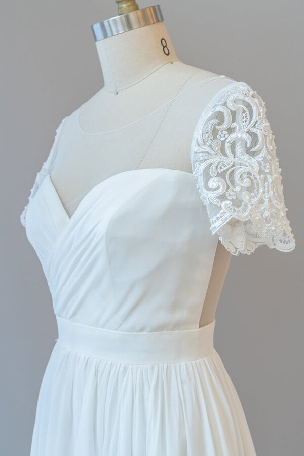 Langes, rückenfreies Brautkleid aus Chiffon in A-Linie mit Ärmeln