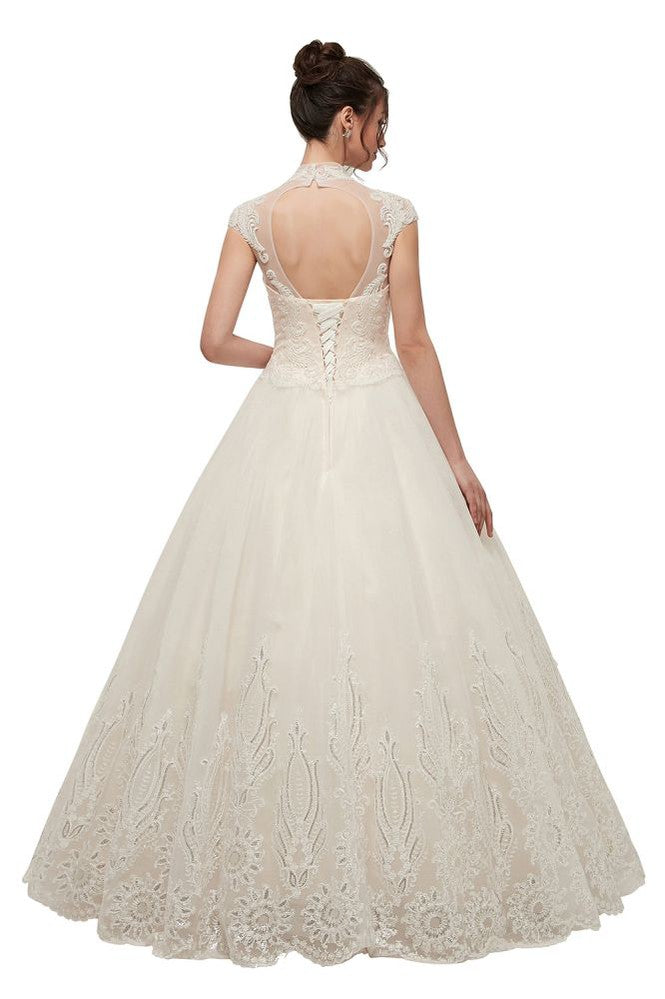 Langes A-Linien-Brautkleid mit hohem Halsausschnitt, Spitzenapplikationen und kurzen Ärmeln