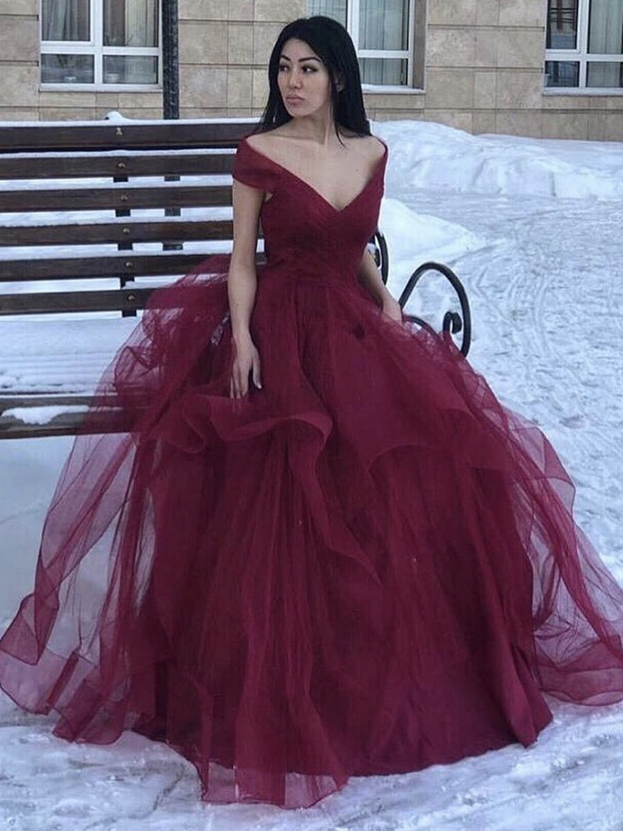 Langes A-Linien-Abendkleid mit schulterfreiem, flauschigem Tüll und V-Ausschnitt