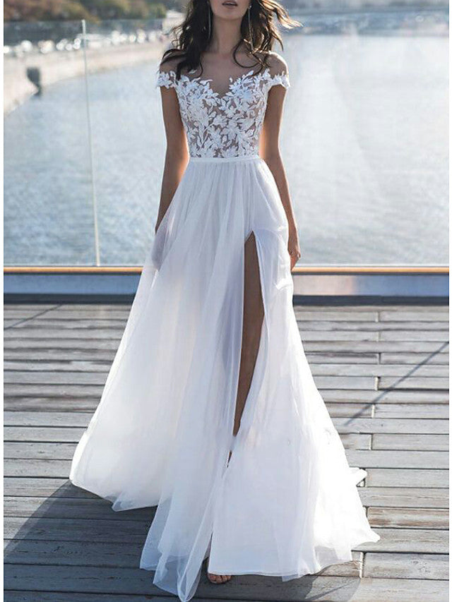 Long A-Line Off the Shoulder Lace Chiffon Wedding Dresses with Sleeves