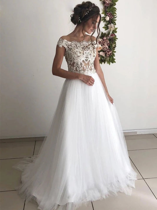 Langes A-Linien-Brautkleid mit schulterfreiem Rundhalsausschnitt und Tüllspitze