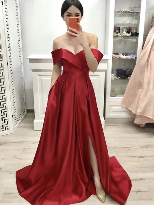Langes, schulterfreies A-Linien-Ballkleid aus Satin mit Schlitz vorne und Taschen