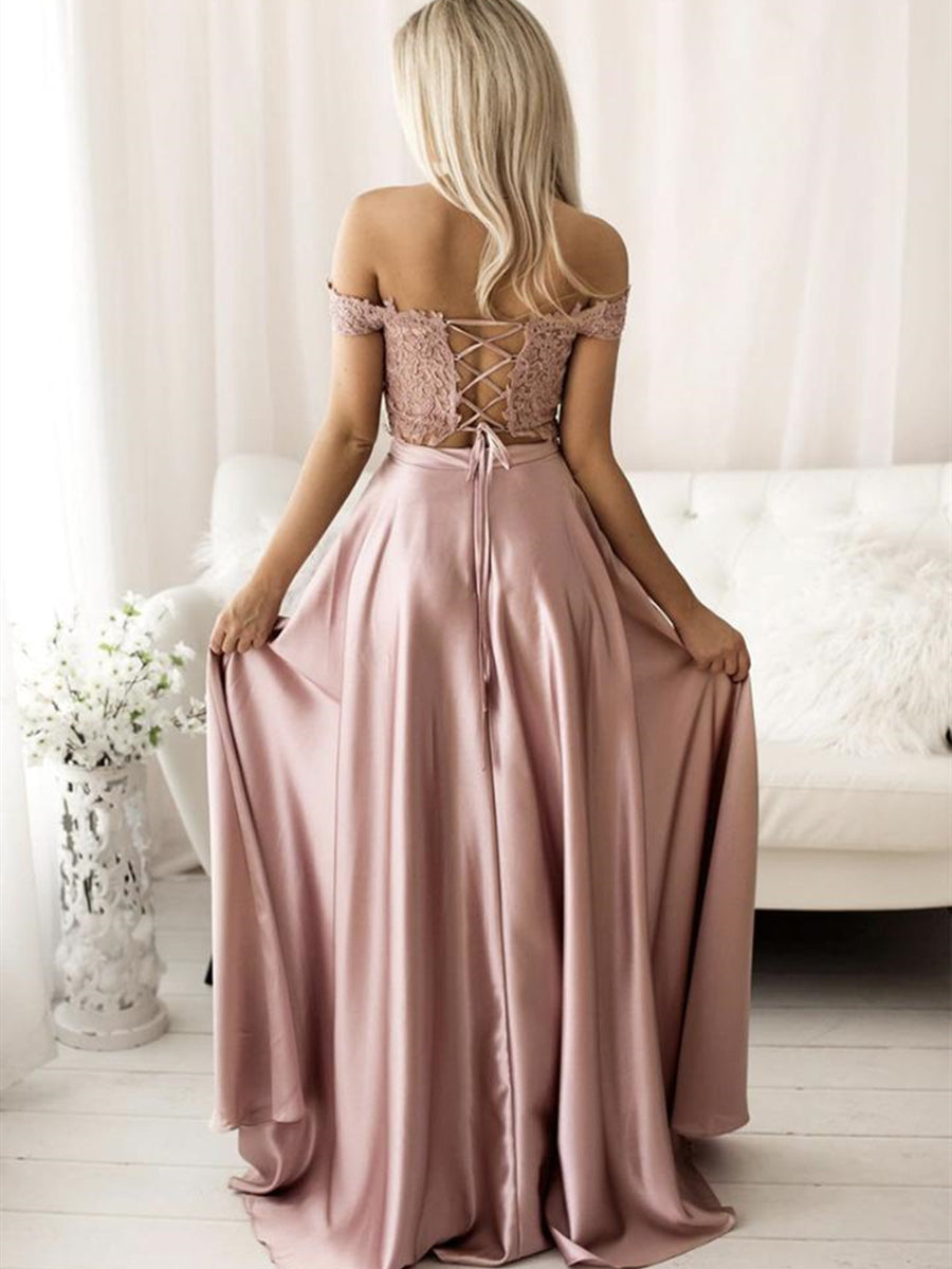 Langes, schulterfreies A-Linien-Ballkleid aus Satin und Spitze, zweiteilig