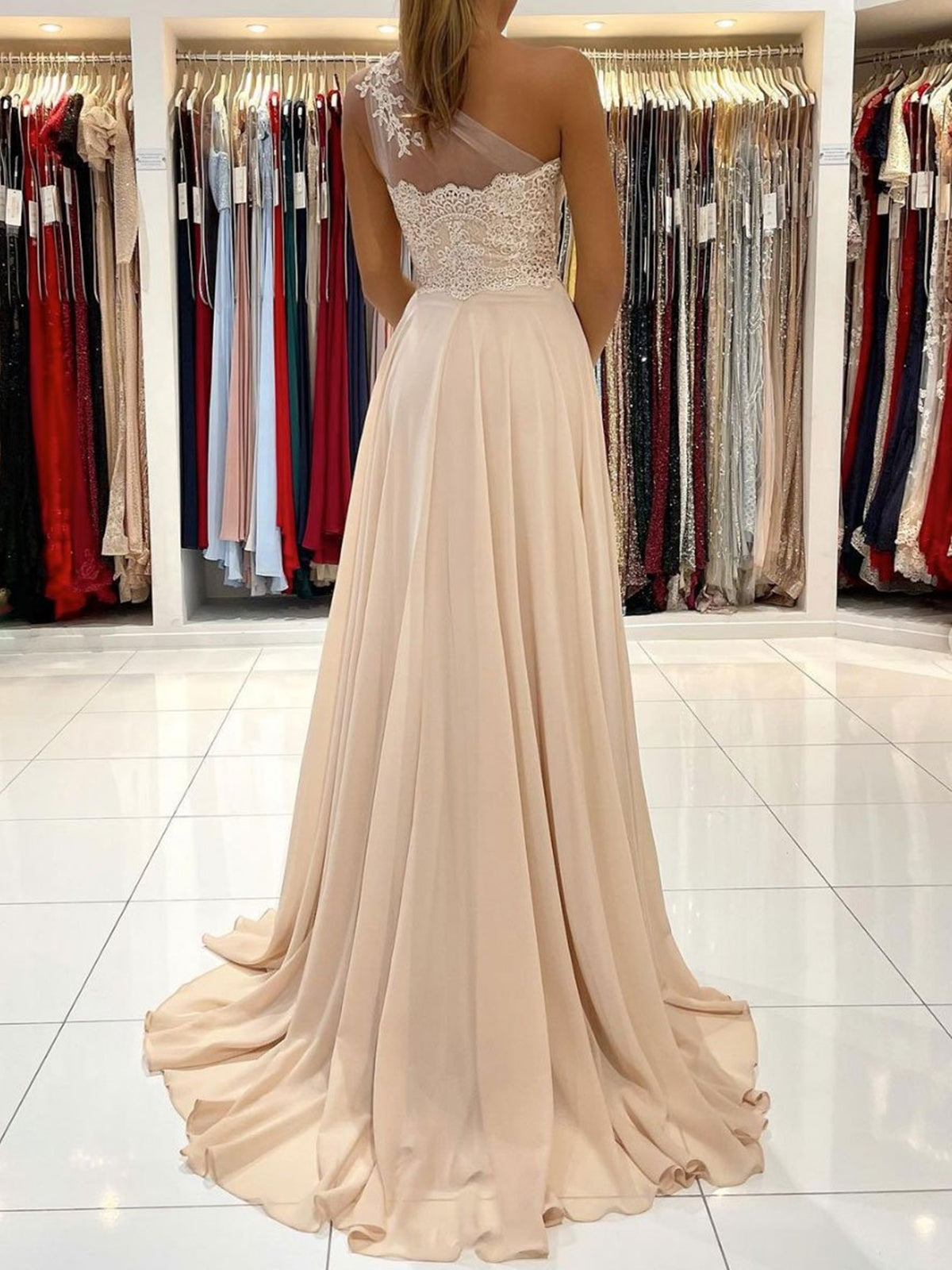 Vestido de fiesta largo de gasa con corte en A, un hombro y abertura en encaje, vestidos de noche formales