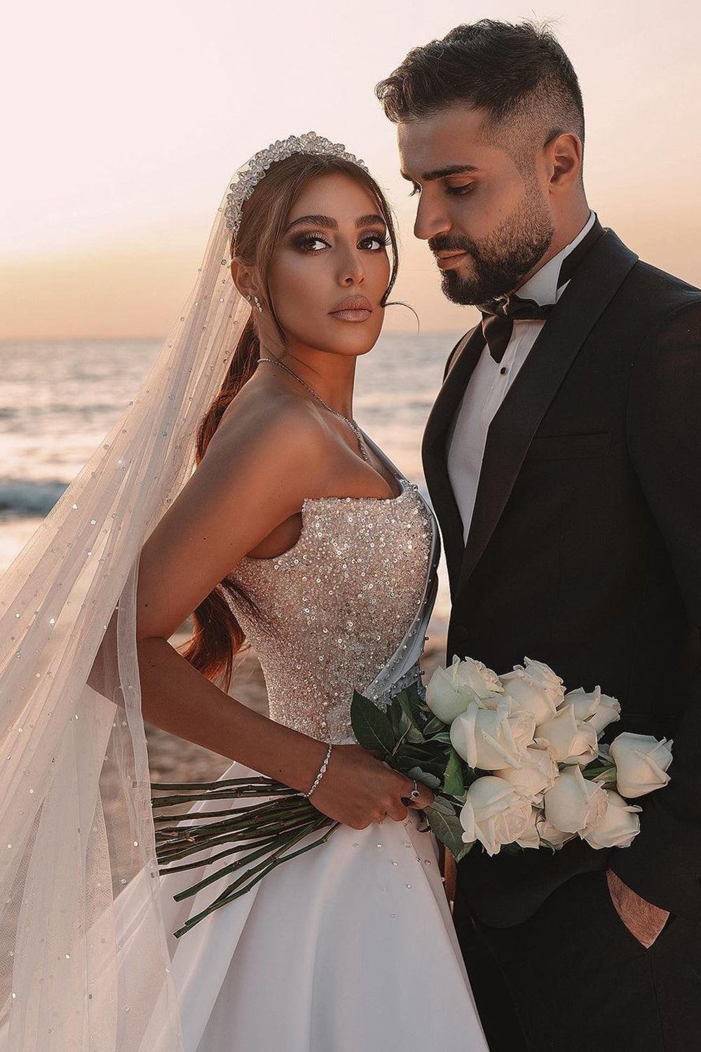 Long A-line One Shoulder Sequins Satin Wedding Dress with Sleeves