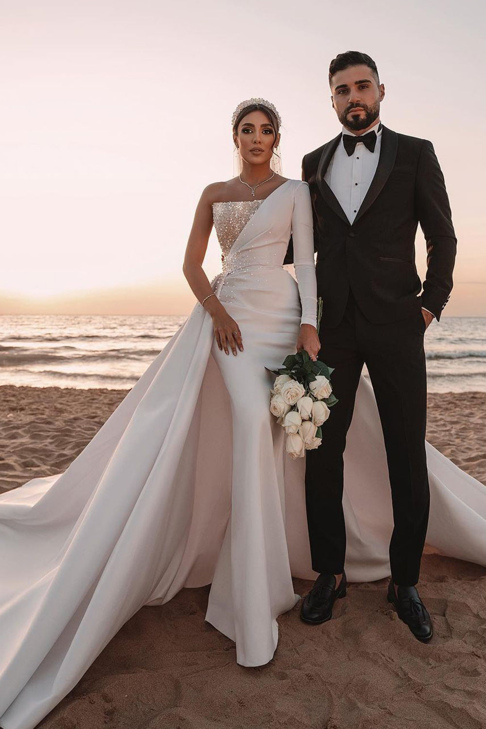 Long A-line One Shoulder Sequins Satin Wedding Dress with Sleeves