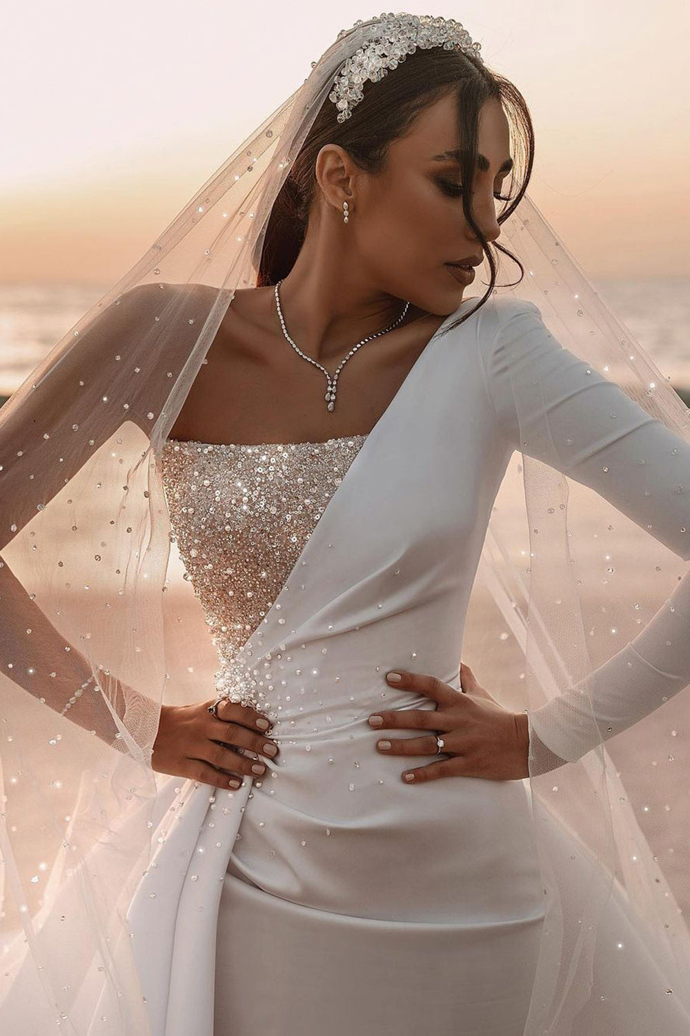Long A-line One Shoulder Sequins Satin Wedding Dress with Sleeves