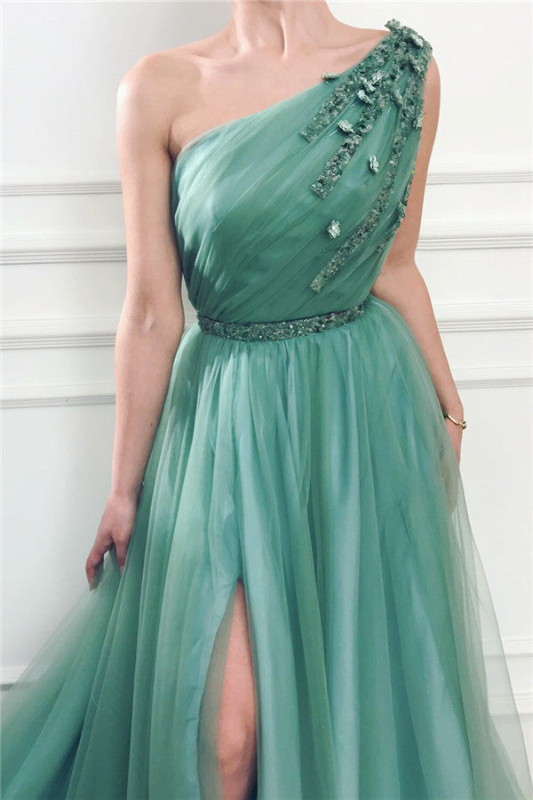 Long A-line One Shoulder Tulle Prom Dress with Slit