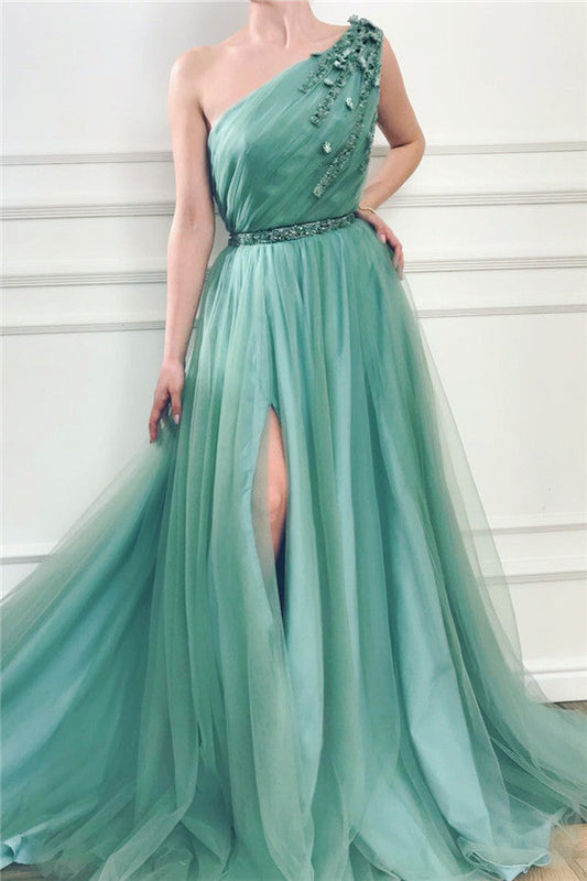 Long A-line One Shoulder Tulle Prom Dress with Slit