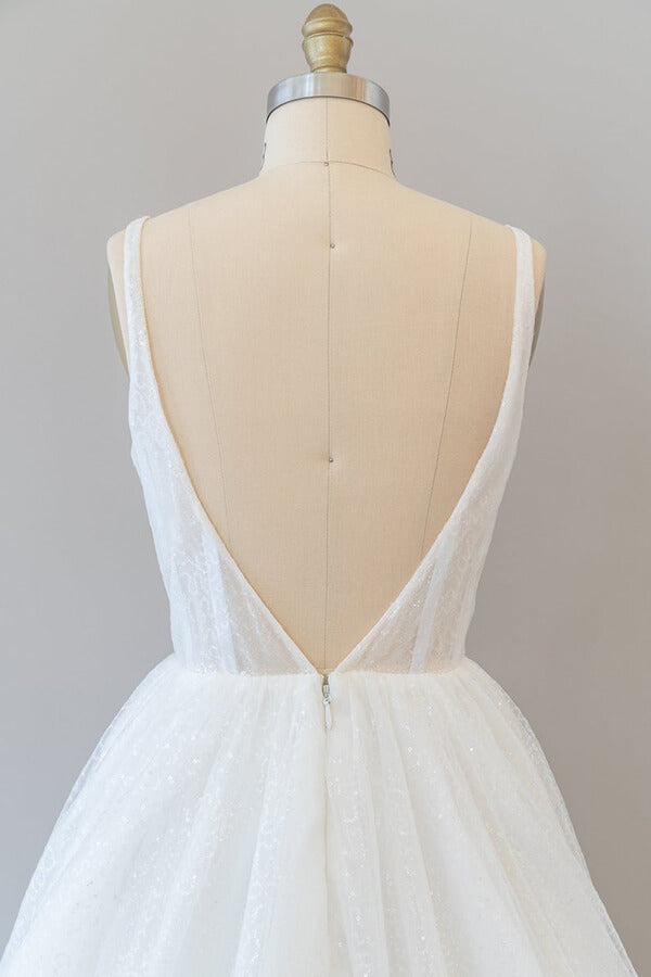 Long A-line Open Back Sequins Tulle Backless Wedding Dress