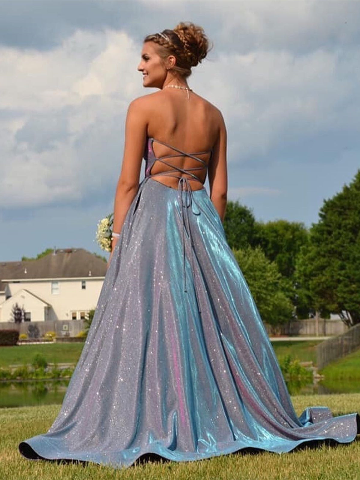Long A-line Sleeveless Open Back Formal Graduation Dresses with Slit