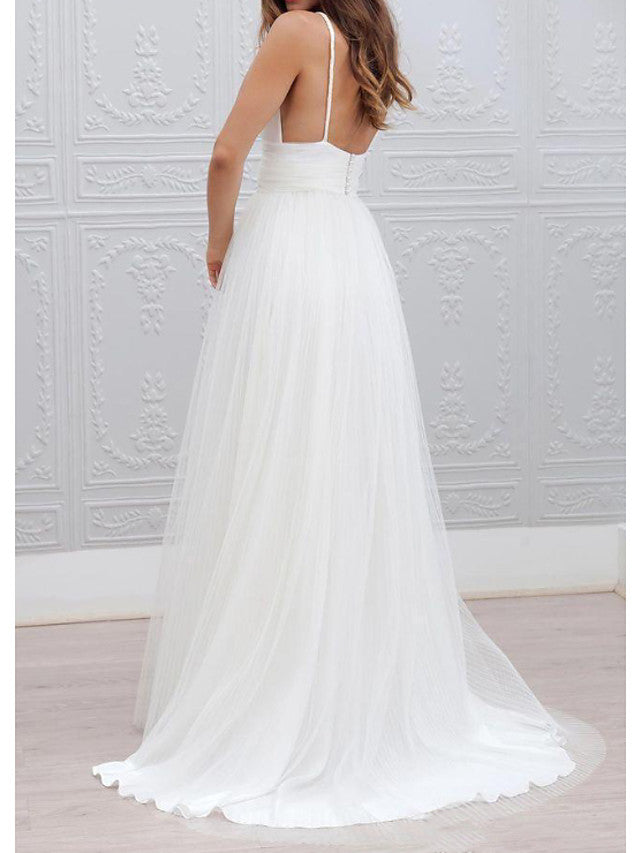 Lange A-Linie Spaghettiträger Taft Tüll Chiffon Brautkleider