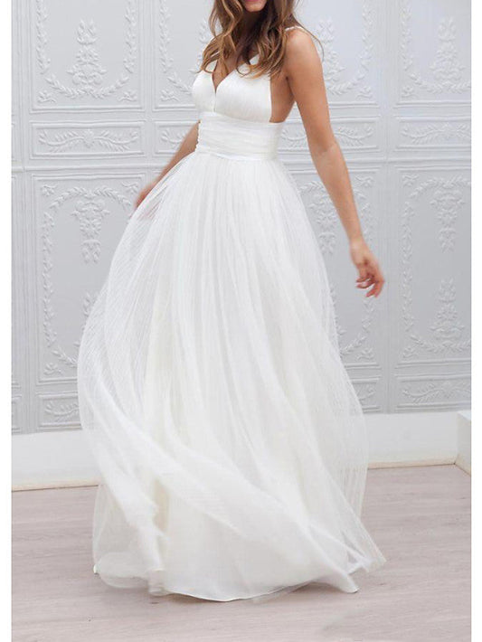 Lange A-Linie Spaghettiträger Taft Tüll Chiffon Brautkleider