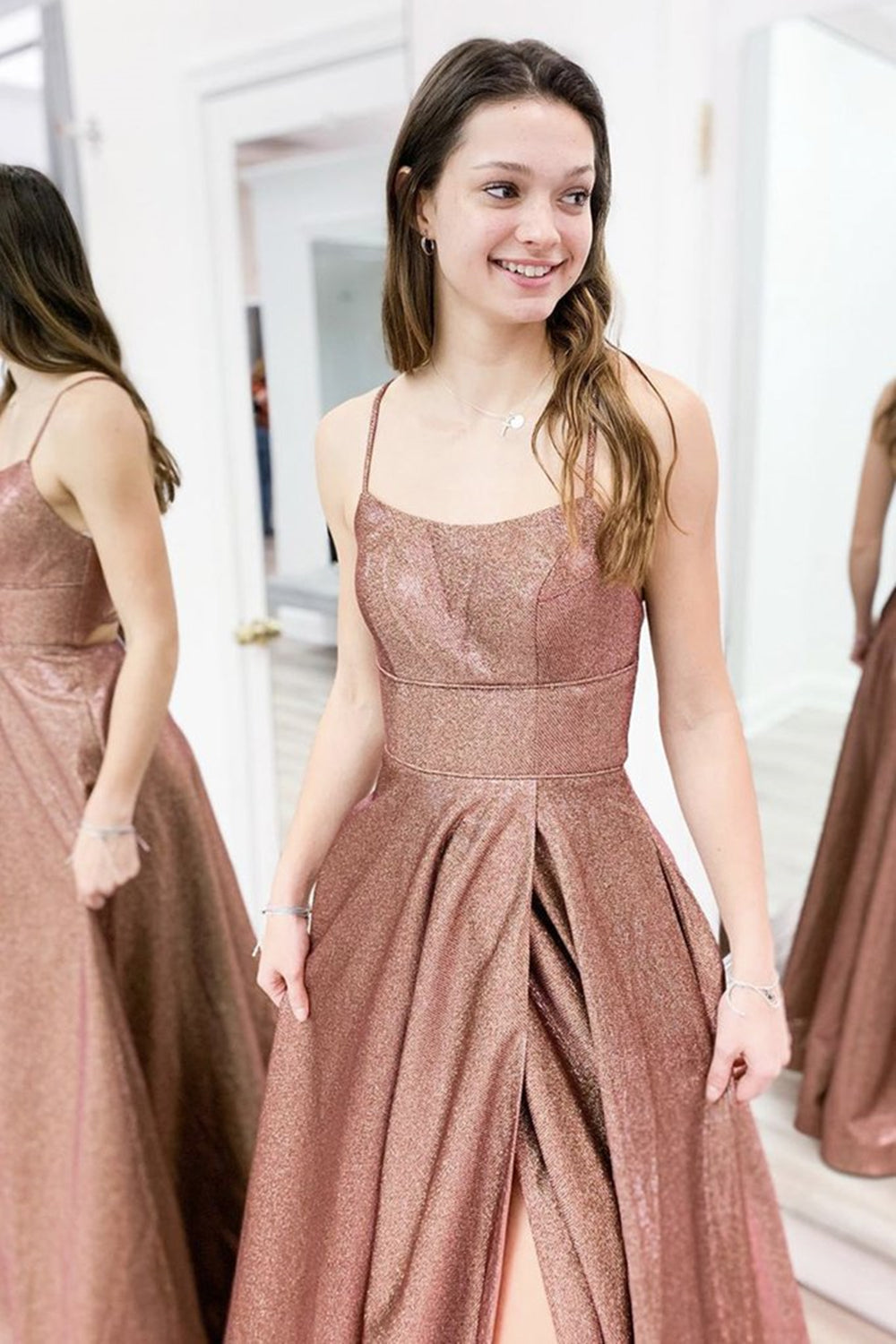Long A-line Spaghetti Straps Backless Formal Graduation Prom Dresses with Slit