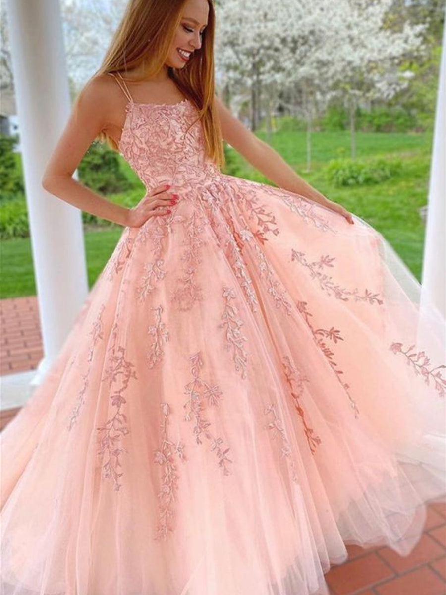 Long A-line Strapless Tulle Lace Formal Graduation Evening Prom Dresses