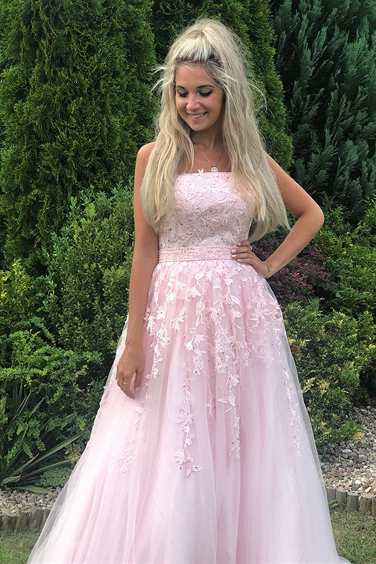 Long A-line Strapless Tulle Lace Prom Dress Pink Formal Graduation Evening Gowns