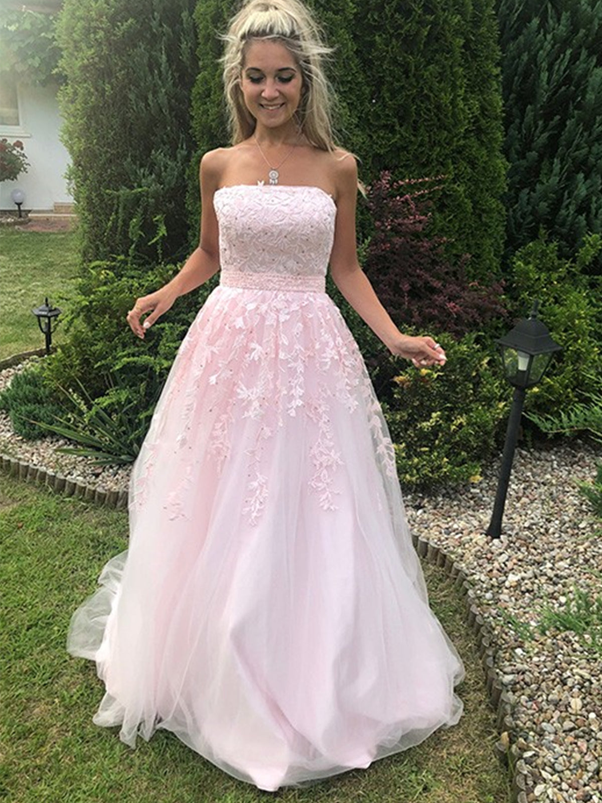 Long A-line Strapless Tulle Lace Prom Dress Pink Formal Graduation Evening Gowns
