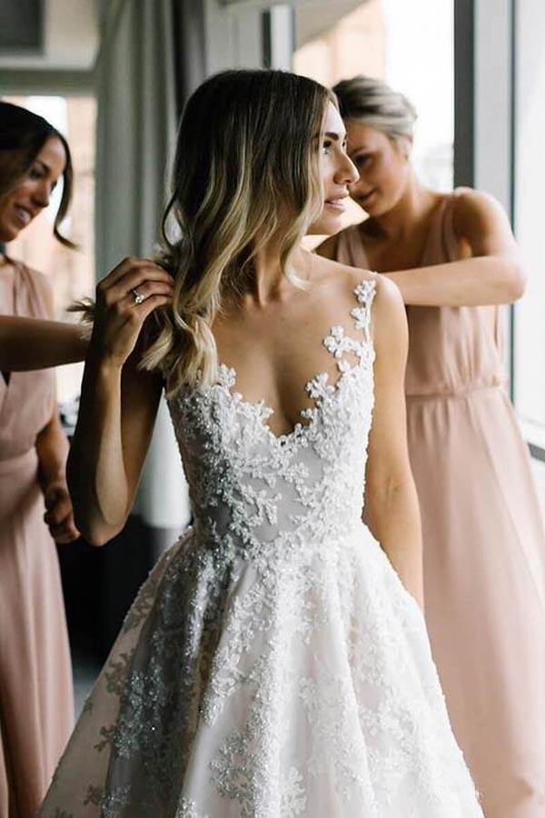 Long A-line Straps V-neck Floral Beads Tulle Backless Wedding Dress