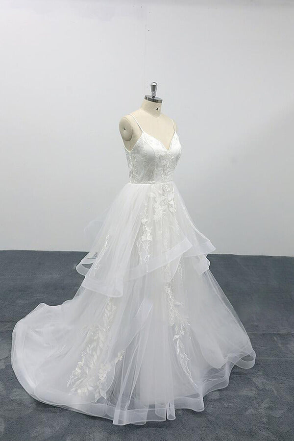Langes A-Linien-Brautkleid aus Tüll mit Herzausschnitt und Spaghettiträgern