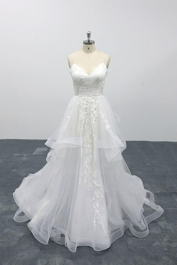Langes A-Linien-Brautkleid aus Tüll mit Herzausschnitt und Spaghettiträgern