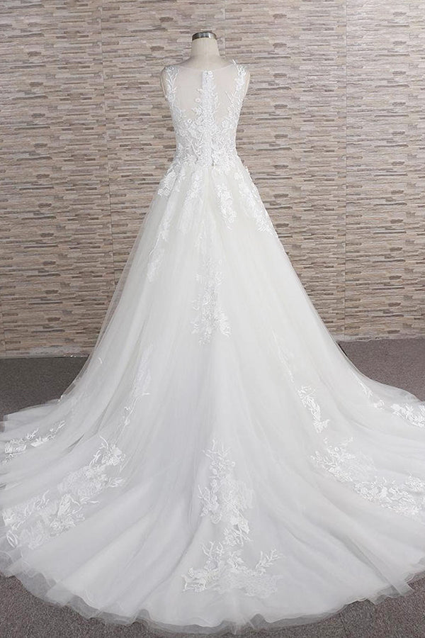 Langes A-Linien-Brautkleid mit Herzausschnitt und Applikationen aus Spitze und Tüll