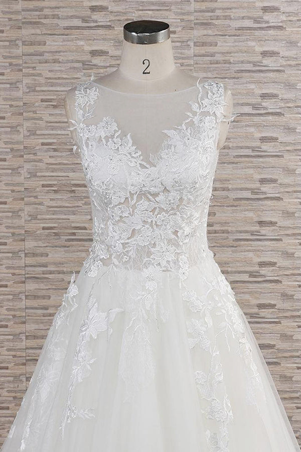 Langes A-Linien-Brautkleid mit Herzausschnitt und Applikationen aus Spitze und Tüll