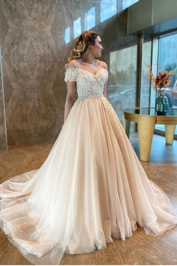 Langes A-Linien-Brautkleid mit Herzausschnitt, schulterfrei, rückenfrei, Tüllapplikationen und Spitze