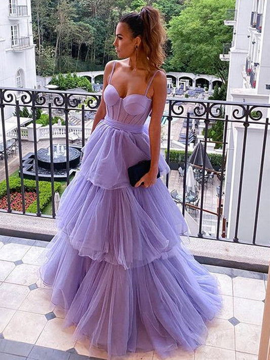 Langes A-Linien-Ballkleid mit Herzausschnitt und Spaghettiträgern aus Tüll mit offenem Rücken