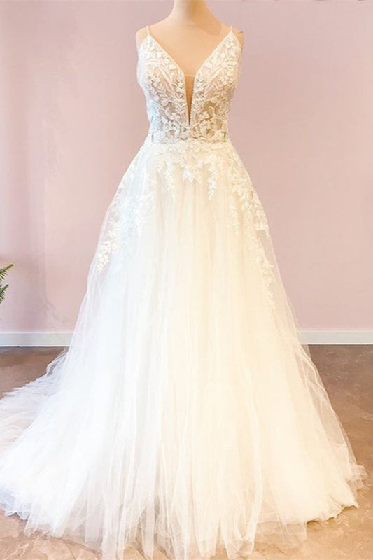 Langes A-Linien-Brautkleid aus Tüll mit Herzausschnitt und Spaghettiträgern