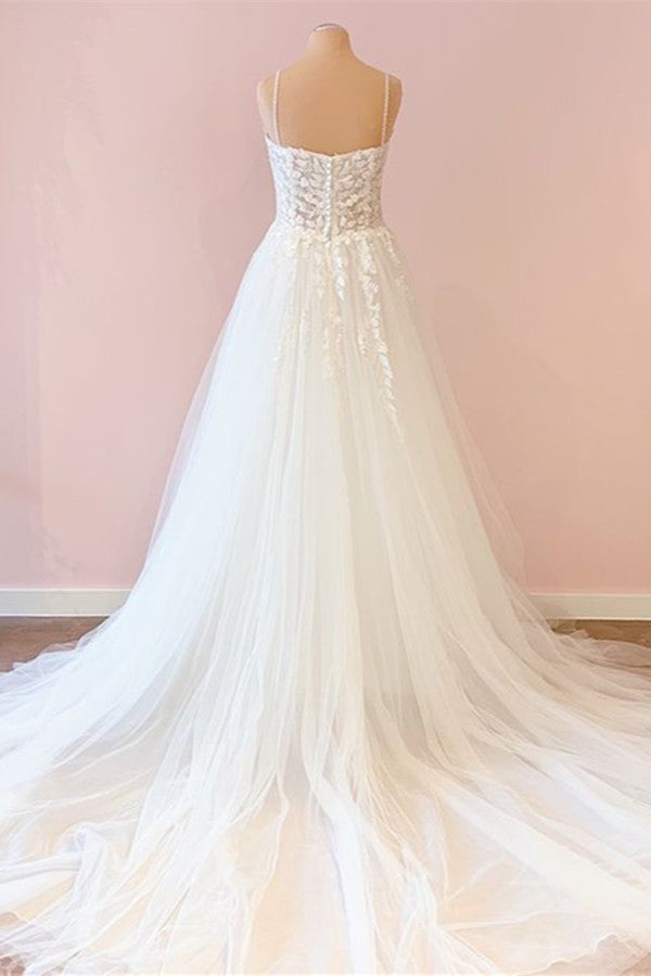 Langes A-Linien-Brautkleid mit Herzausschnitt und Tüllapplikationen