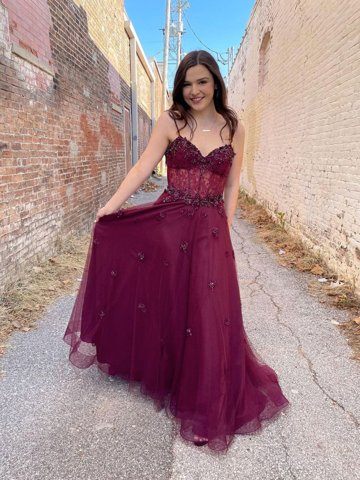 Vestido de fiesta largo de tul con escote en forma de A y espalda descubierta en color burdeos, vestidos formales de noche para graduación