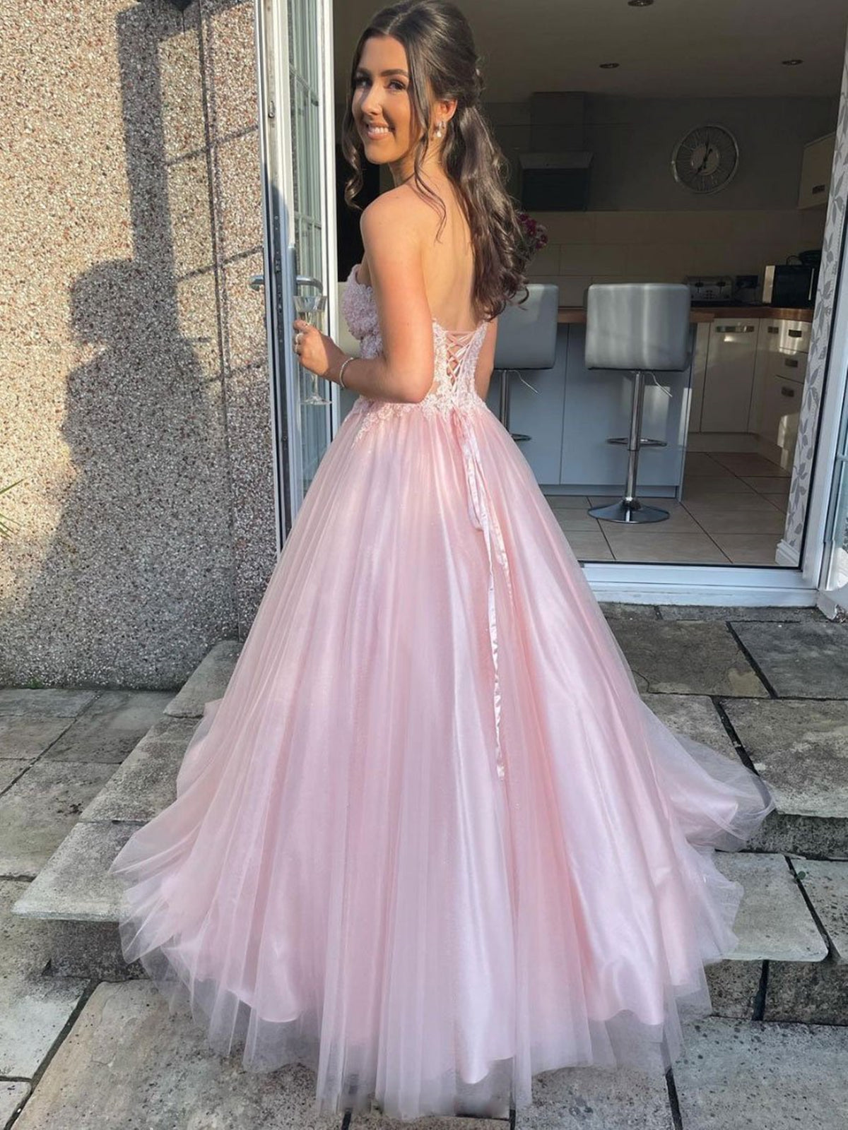 Langes A-Linien-Abendkleid mit Herzausschnitt und Tüllspitze, Rosa, Spitze, formelle Abendkleider