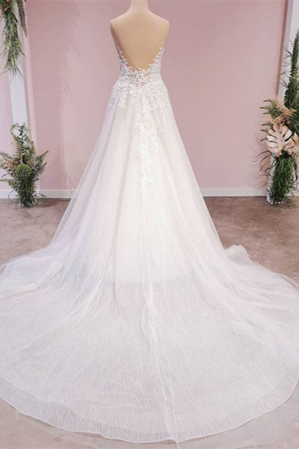 Langes A-Linien-Brautkleid mit rückenfreiem Tüll und Applikationen