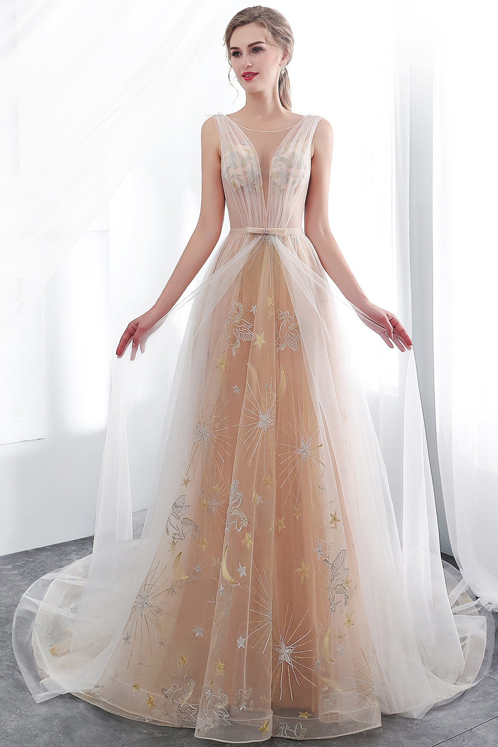 Long A-line Tulle Backless Champangne Evening Dresses