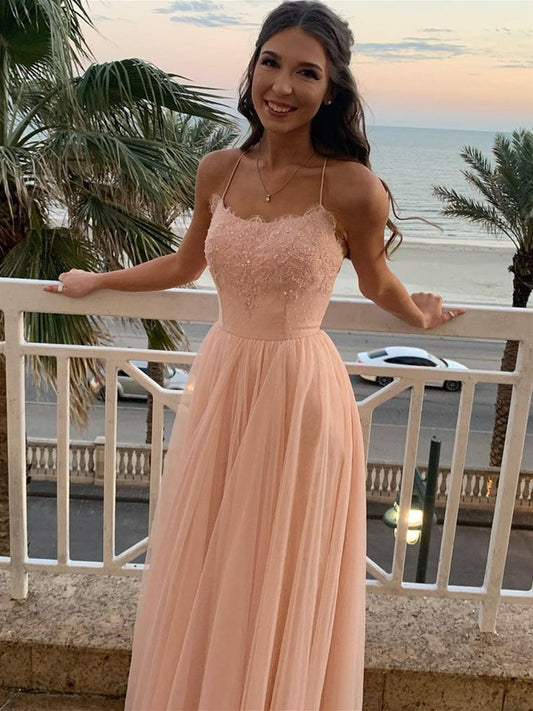 Long A-line Tulle Lace Open Back Formal Prom Dresses