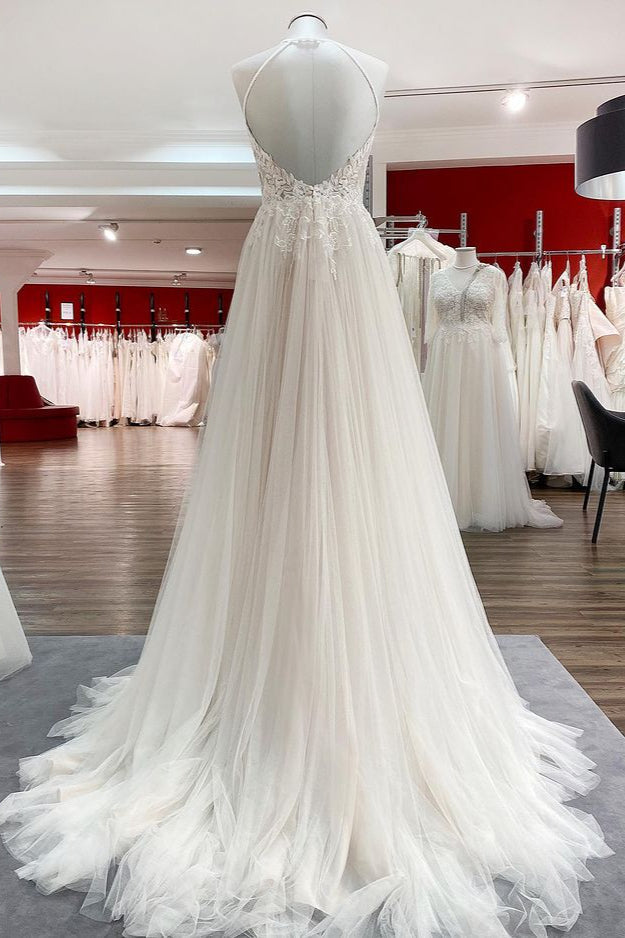 Langes A-Linien-Brautkleid aus Tüll mit offenem Rücken und Neckholder