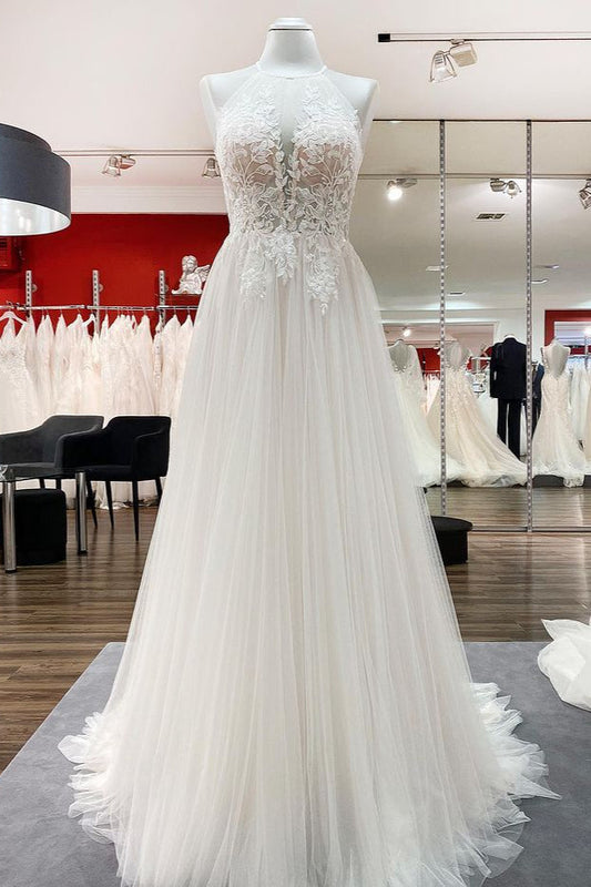 Langes A-Linien-Brautkleid aus Tüll mit offenem Rücken und Neckholder