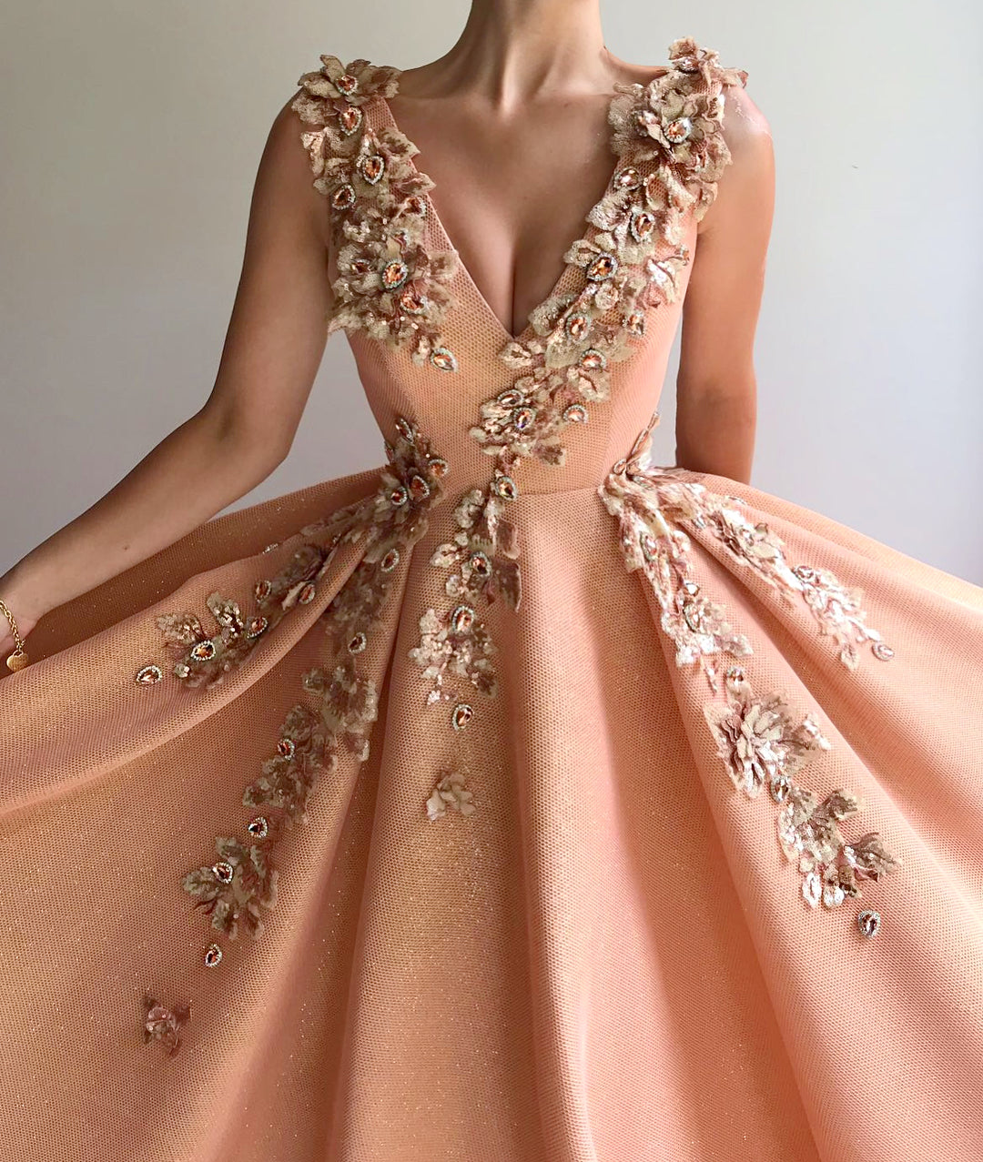 Long A-line V-neck Appliques Lace Satin Prom Dress