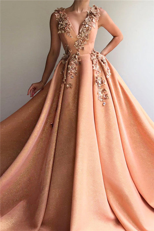 Long A-line V-neck Appliques Lace Satin Prom Dress