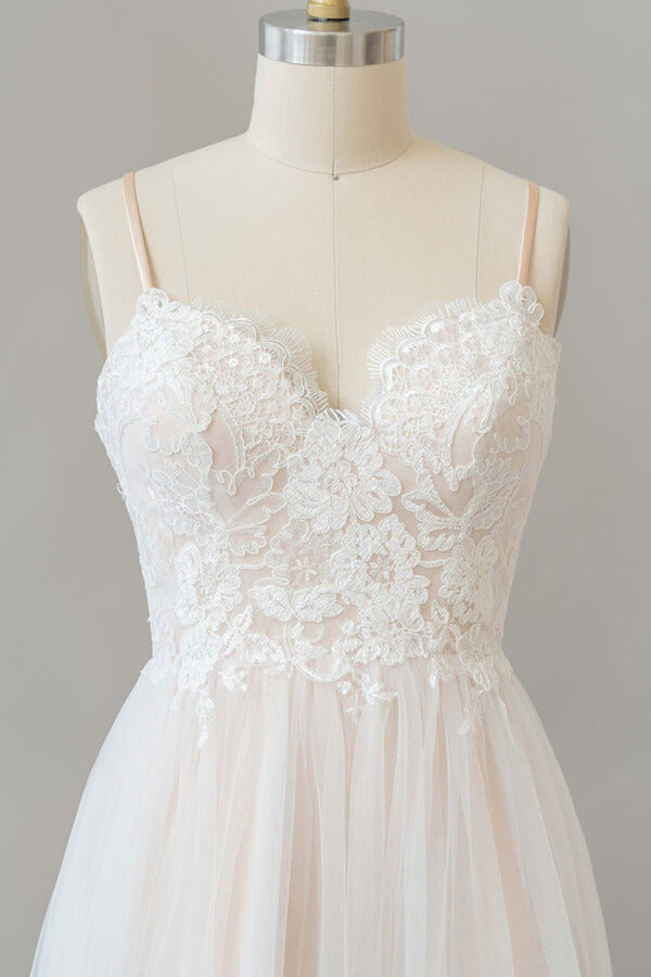 Long A-line V-neck Appliques Lace Tulle Backless Wedding Dress