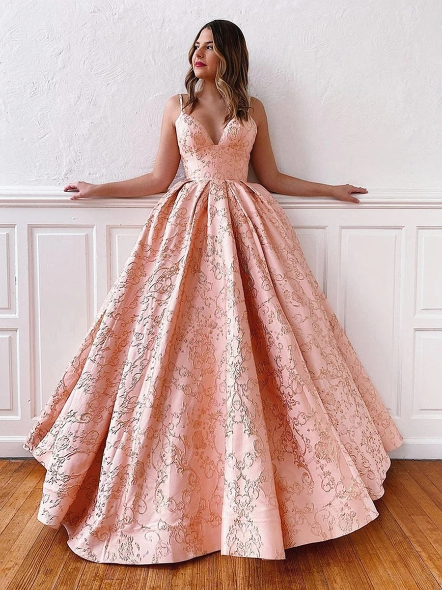 Langes, rückenfreies A-Linien-Ballkleid aus Spitze mit V-Ausschnitt und Korsettrücken