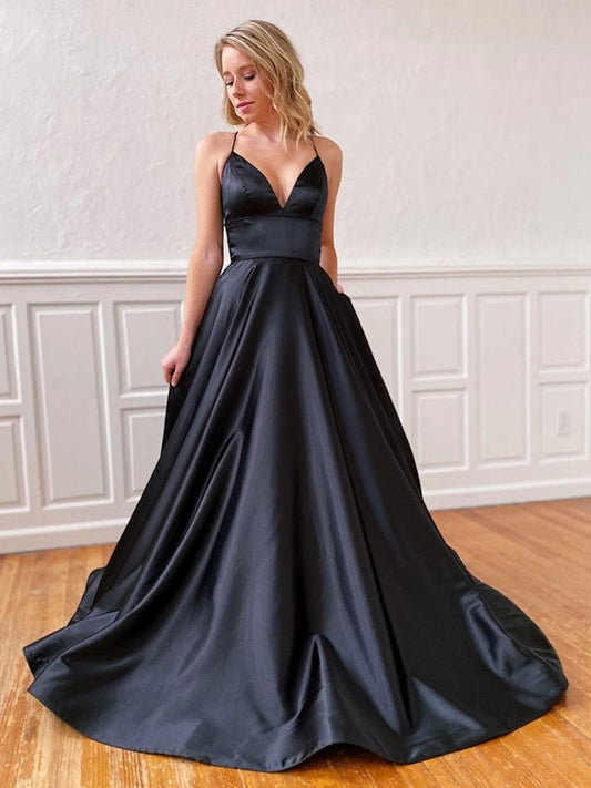 Long A-line V-neck Backless Satin Prom Dresses Black Open Back Formal Gowns