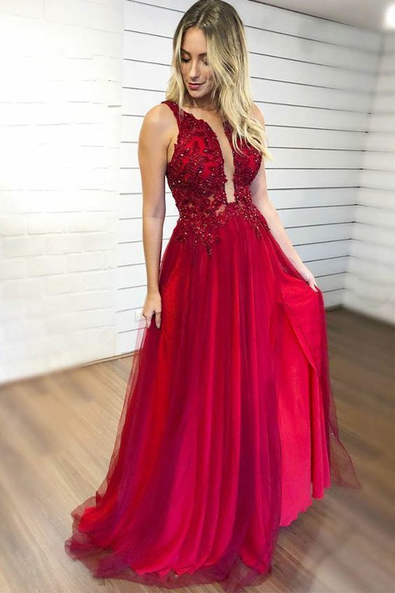 Long A-Line V-neck Chiffon Beading Red Prom Dresses with Slit