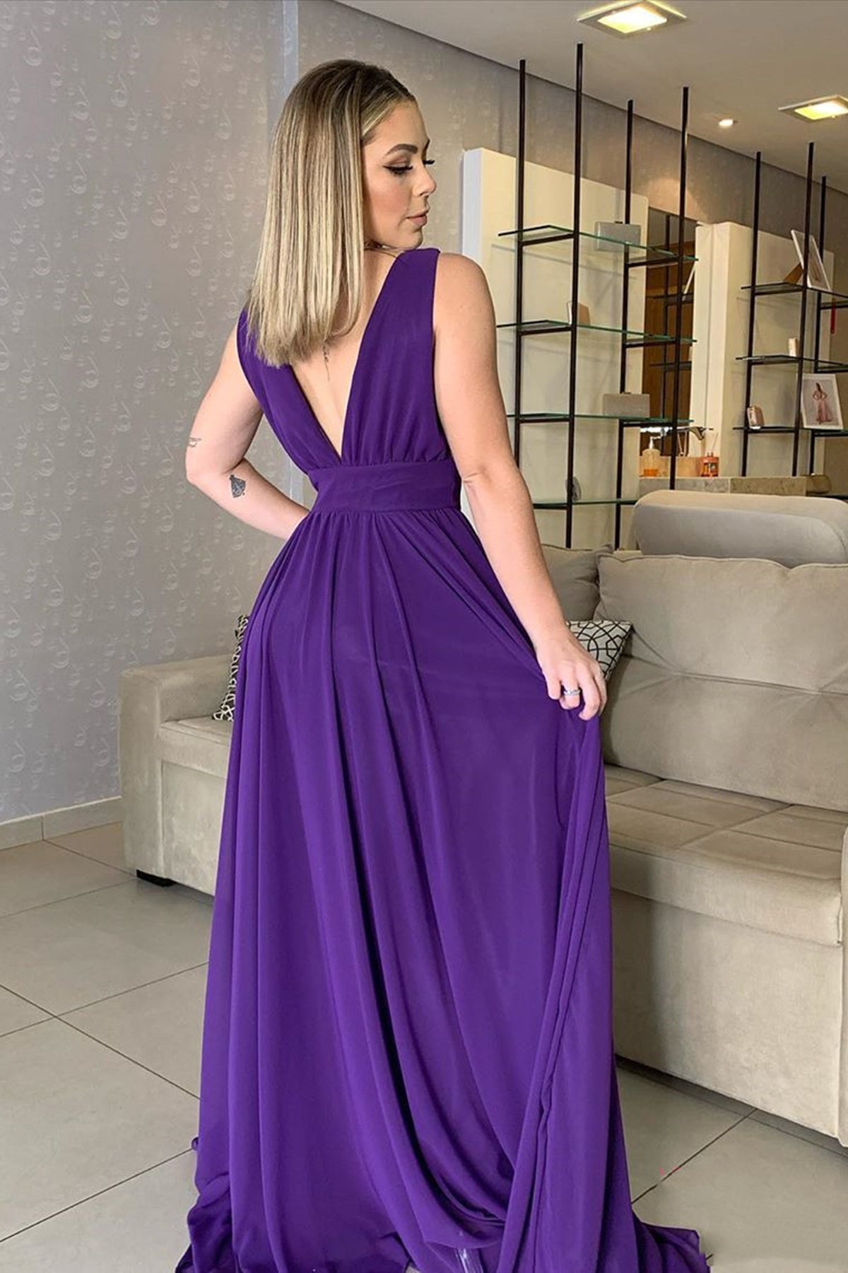 Long A-line V-neck Chiffon Prom Dress Purple Backless Formal Evening Dresses