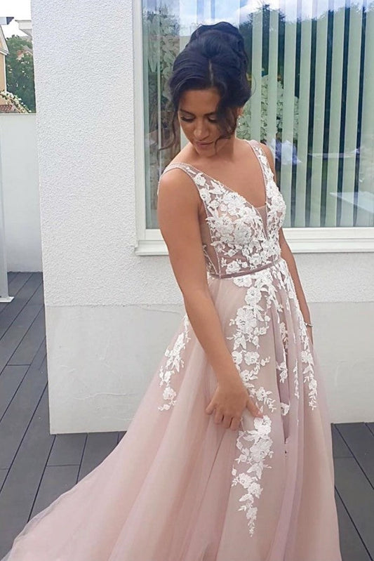 Long A-line V-neck Spaghetti Straps Backless Appliques Lace Tulle Prom Dress