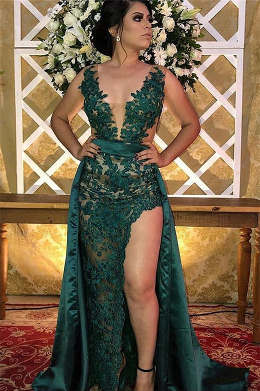 Vestido de noche largo de encaje con escote en V, tirantes y apliques con abertura