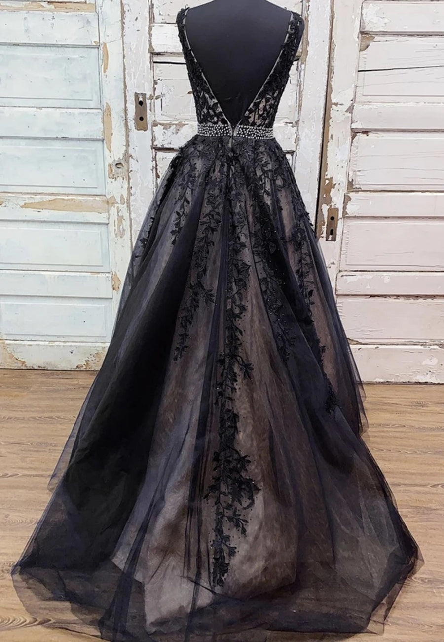 Long A-line V-neck Tulle Lace Backless Formal Evening Prom Dresses