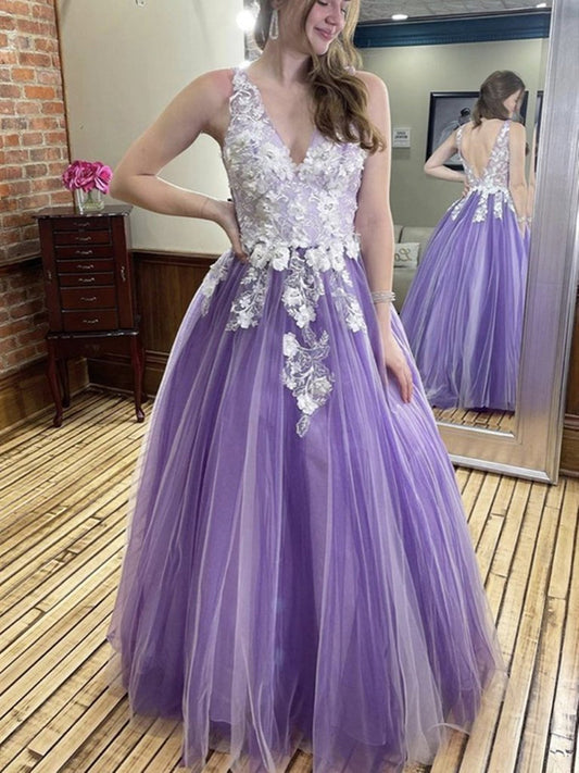 Vestido de fiesta formal largo de tul con escote en V, encaje floral 3D y flores